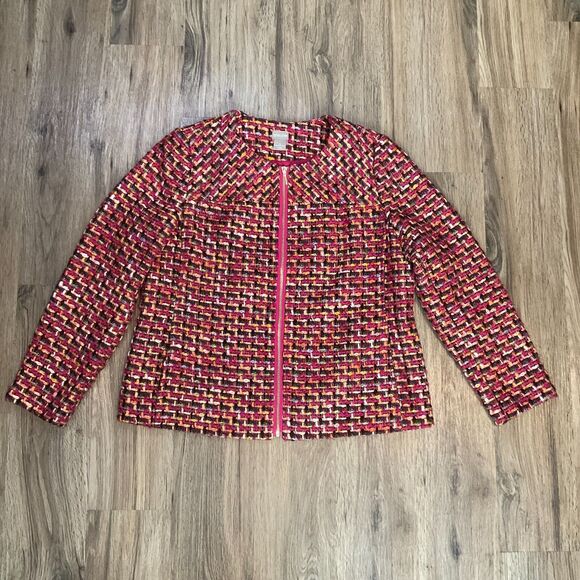 Chicos Jacket Women's Tweed Blazer Full Zip Front Pink Multi Lined Sz 2 US 12/14 - Picture 1 of 9